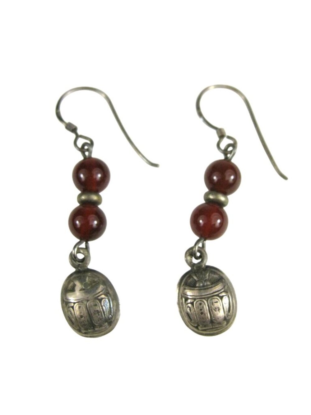 Sterling Silver Scarab Earrings Carnelian Beads Drop 925 Dangle 2 grams